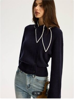 Commense Navy Tie Neck Knit Top